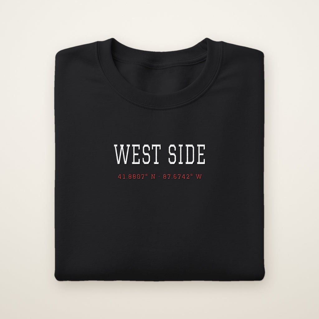 Chicago Basketball Embroidered Crewneck — West Side Coordinates in Black, flat lay