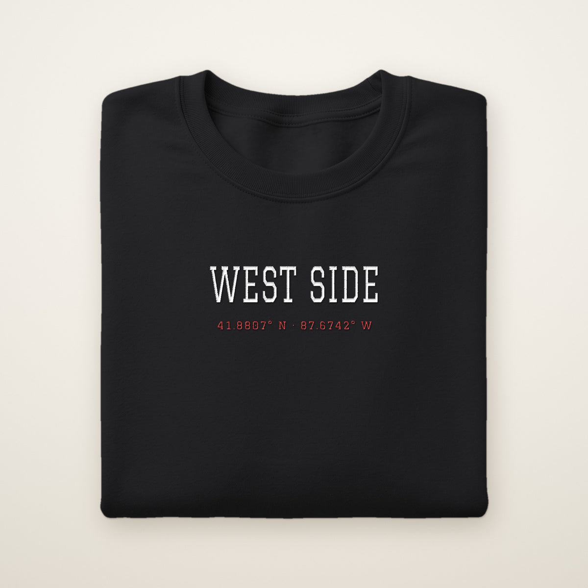 Chicago Basketball Embroidered Crewneck — West Side Coordinates in Black, flat lay
