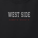 Close-up of the white & red satin-stitch West Side Coordinates embroidery