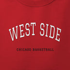 Close-up of the white & black satin-stitch West Side embroidery