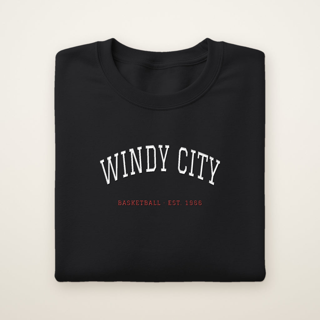 Chicago Basketball Embroidered Crewneck — Windy City in Black, flat lay