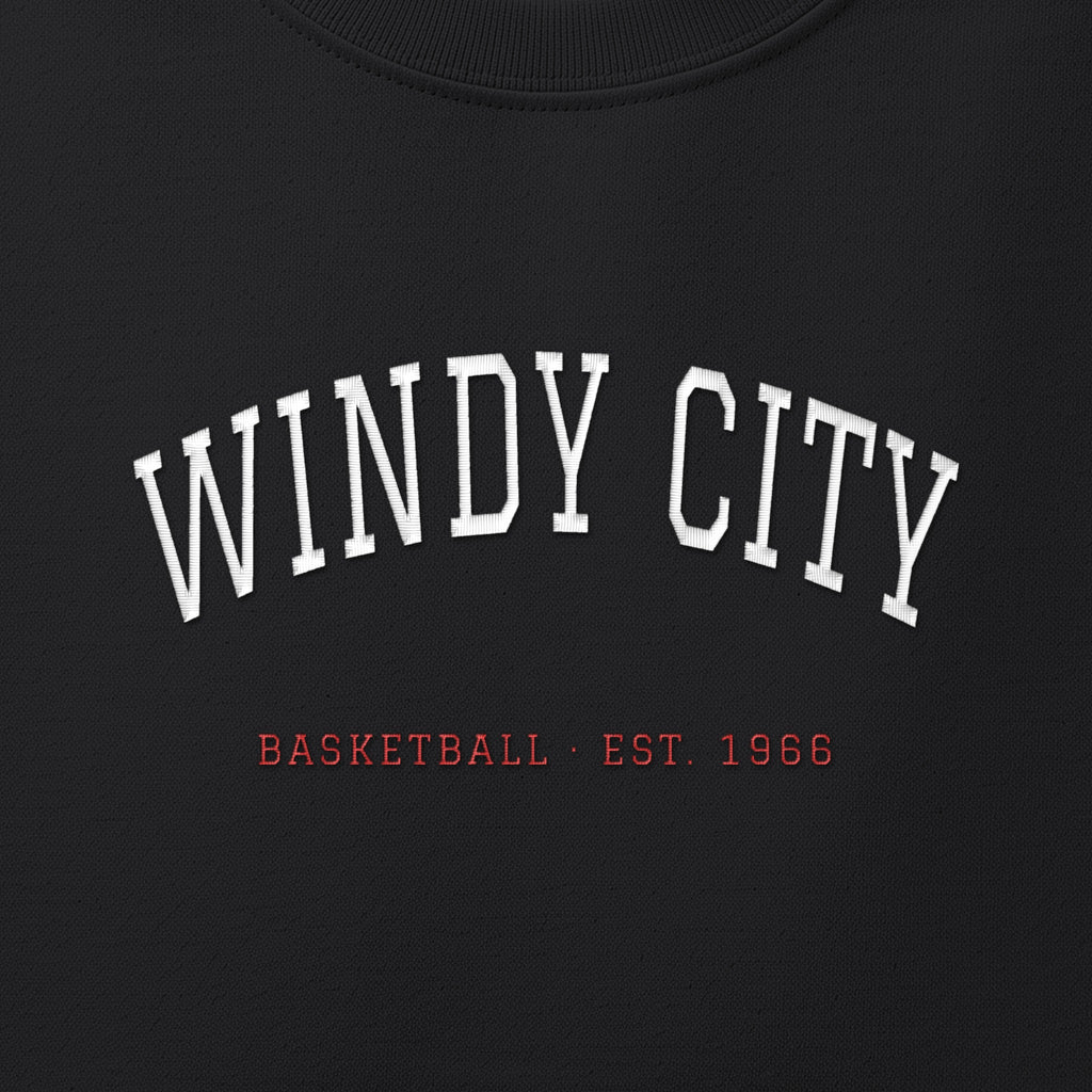 Close-up of the white & red satin-stitch Windy City embroidery