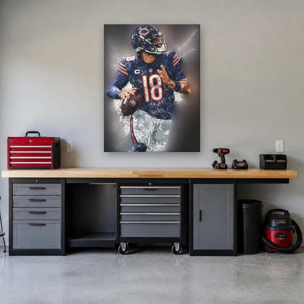 Chicago Bears Caleb Williams Canvas Wall Art | Vertical in a garage workshop