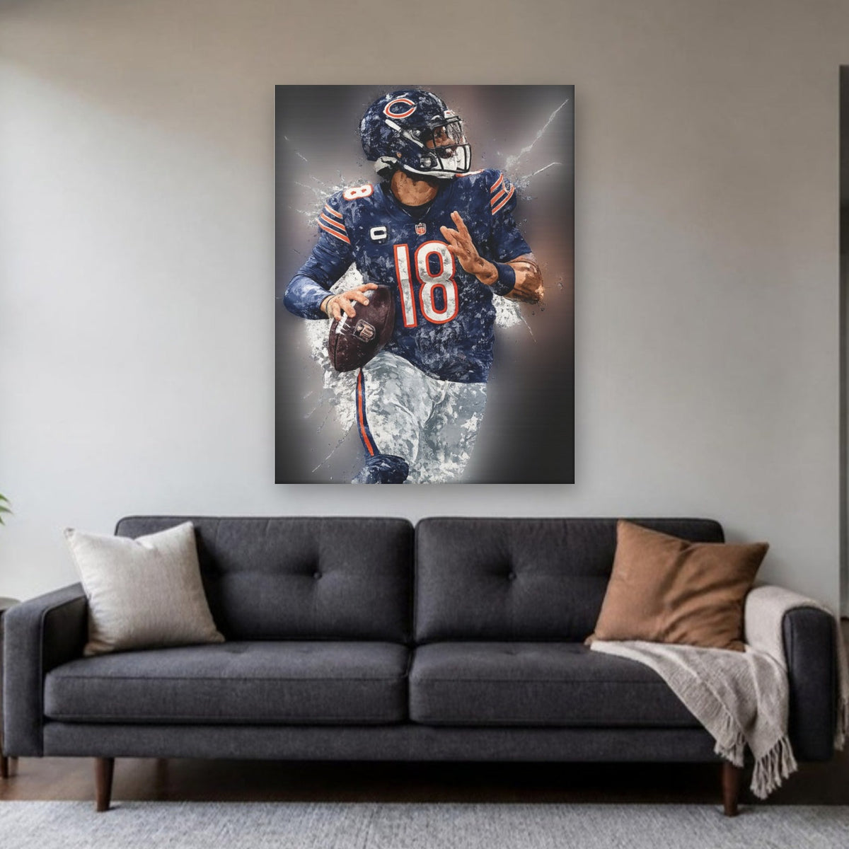 Chicago Bears Caleb Williams Canvas Wall Art | Vertical in a living room