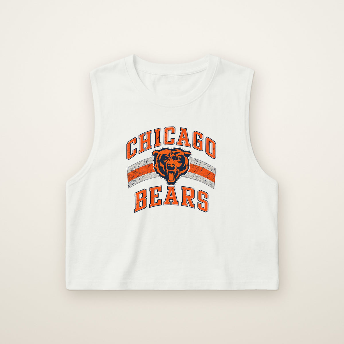 Chicago Bears Retro Crop Top — No. 2 in White, flat lay on ivory