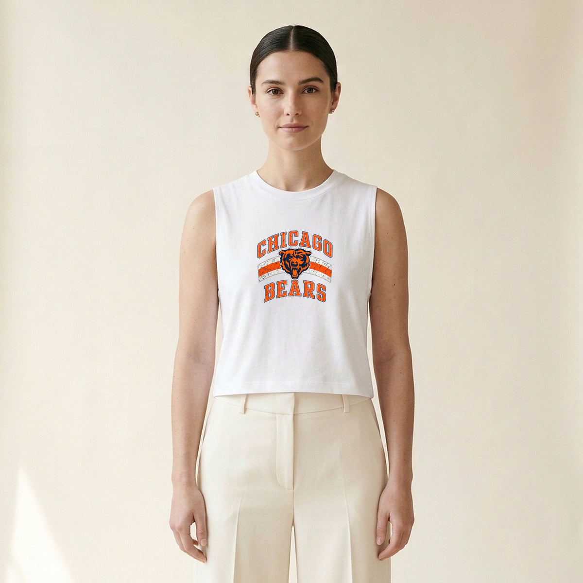 Model wearing the Chicago Bears Retro Crop Top — No. 2 in White