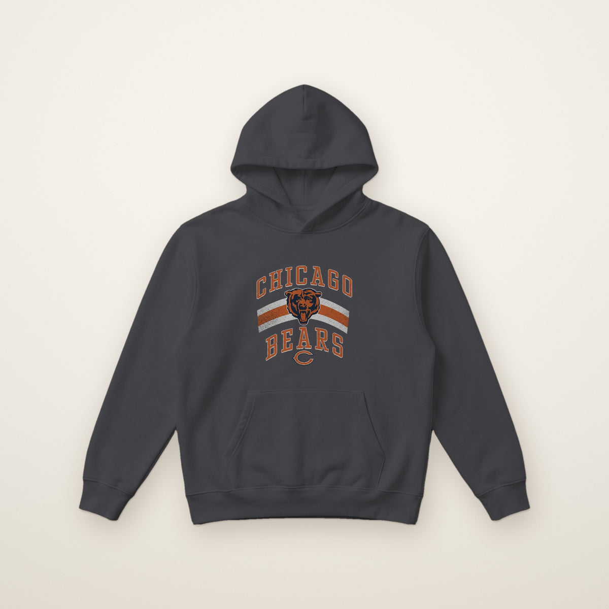 Chicago Bears Retro Arch Hoodie in Dark Heather, flat lay on ivory
