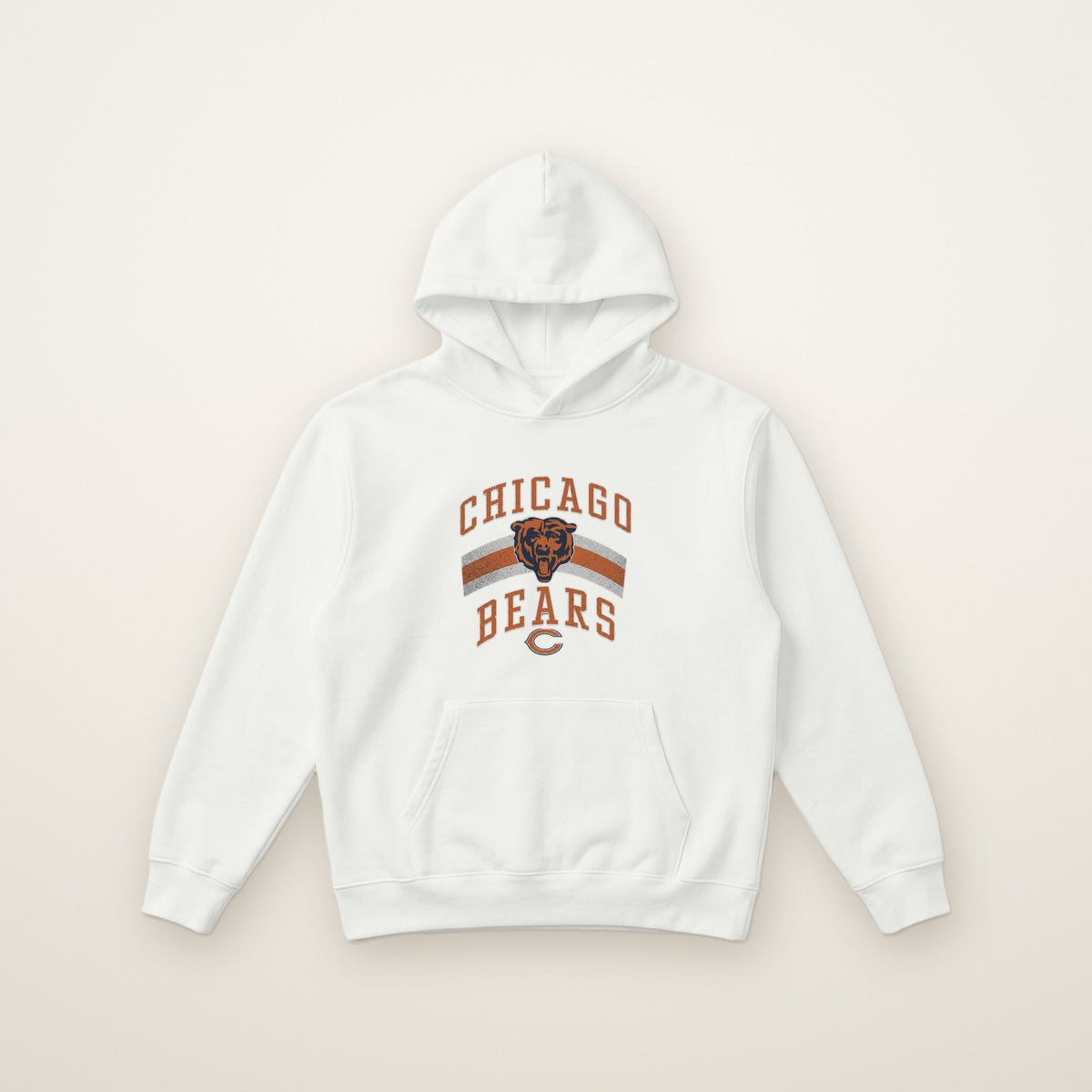 Chicago Bears Retro Arch Hoodie in White, flat lay on ivory