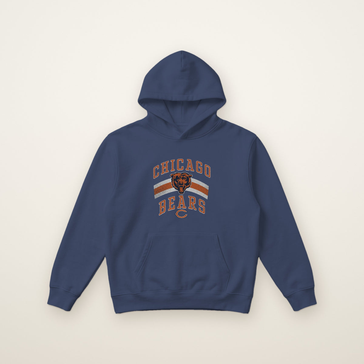 Chicago Bears Retro Arch Hoodie in Heather Navy, flat lay on ivory