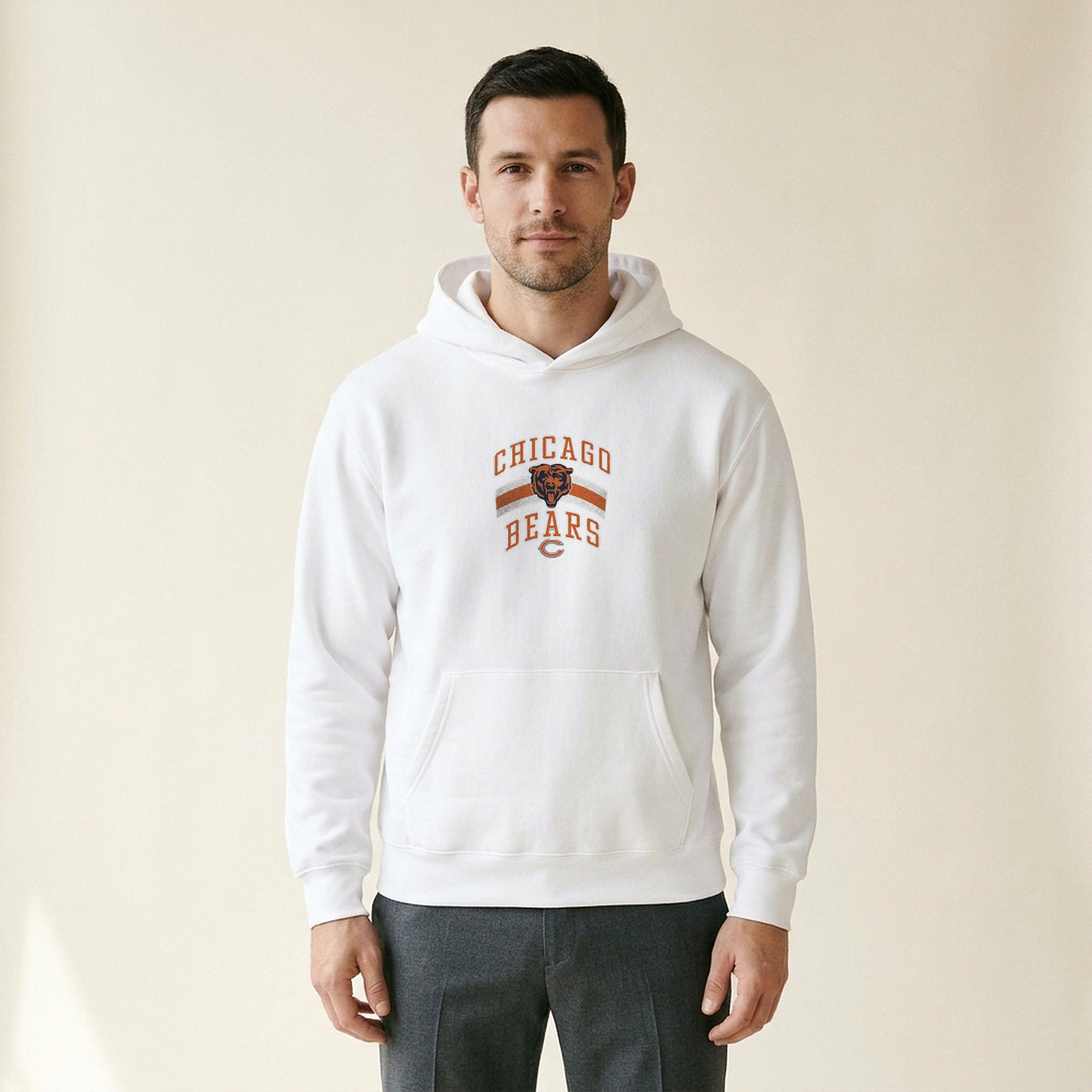 Model wearing the Chicago Bears Retro Arch Hoodie in White