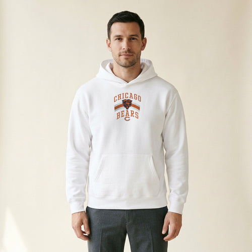 Model wearing the Chicago Bears Retro Arch Hoodie in White