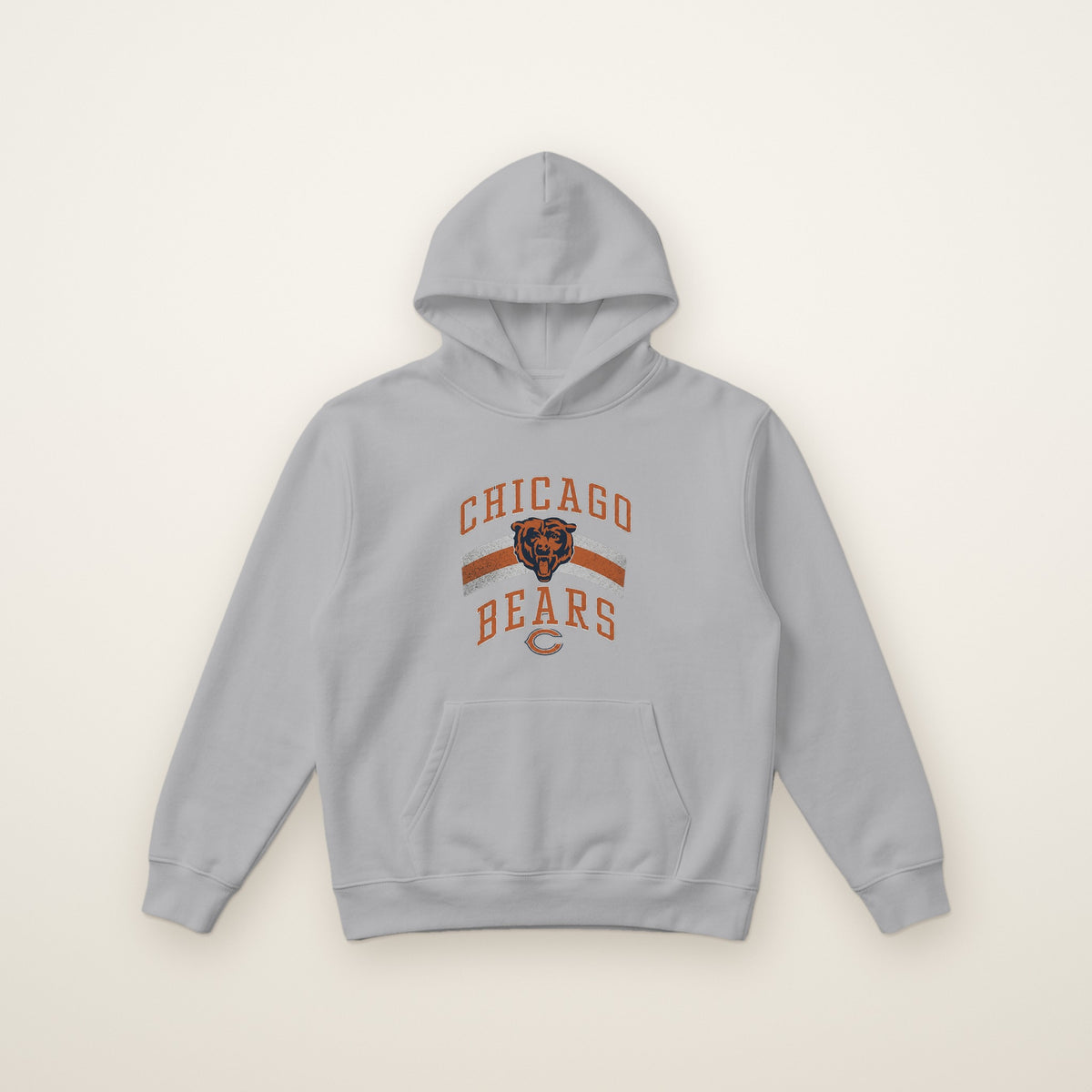 Chicago Bears Retro Arch Hoodie in Sport Grey, flat lay on ivory