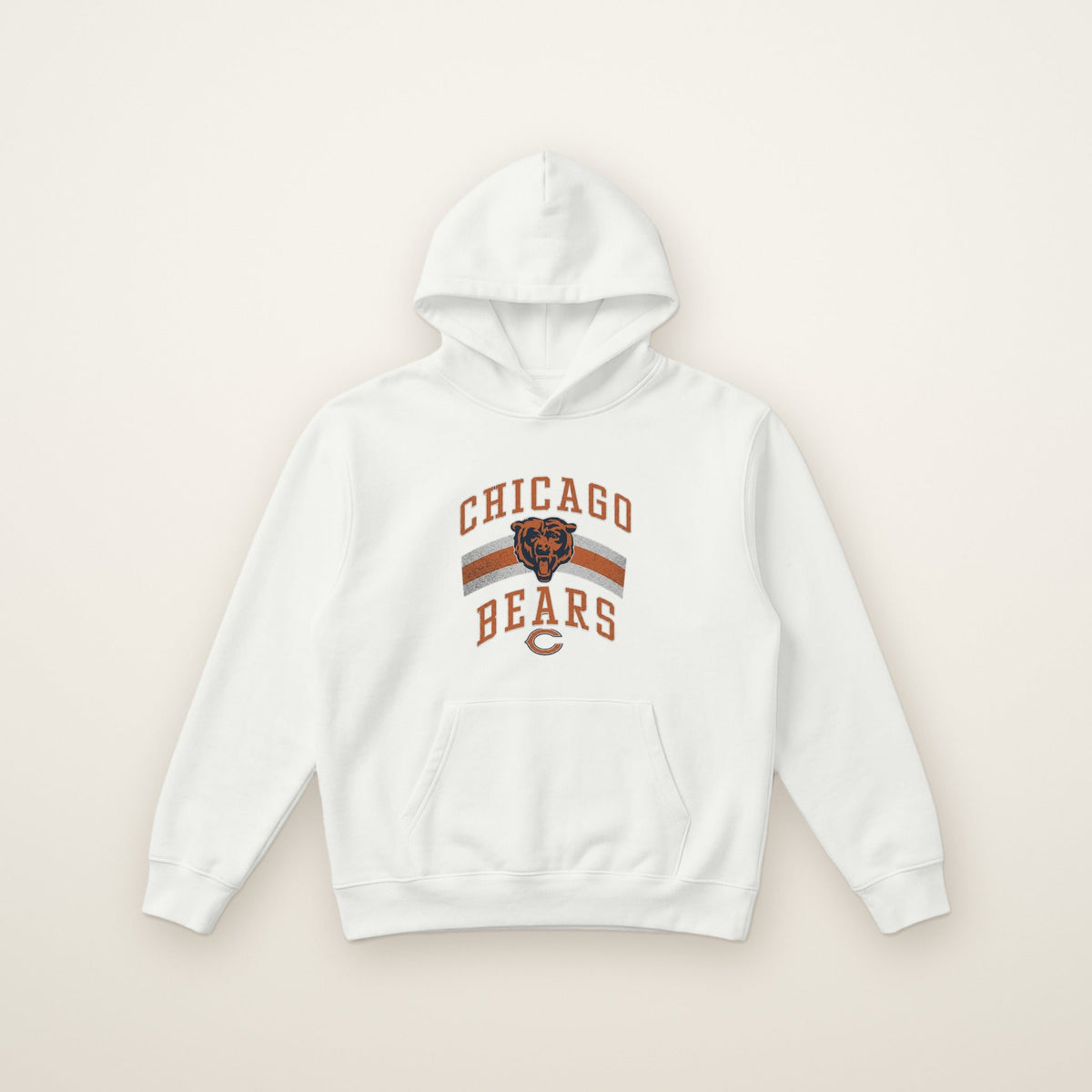 Chicago Bears Retro Arch Hoodie in White, flat lay on ivory