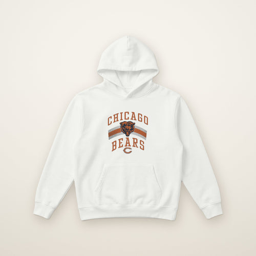Chicago Bears Retro Arch Hoodie in White, flat lay on ivory