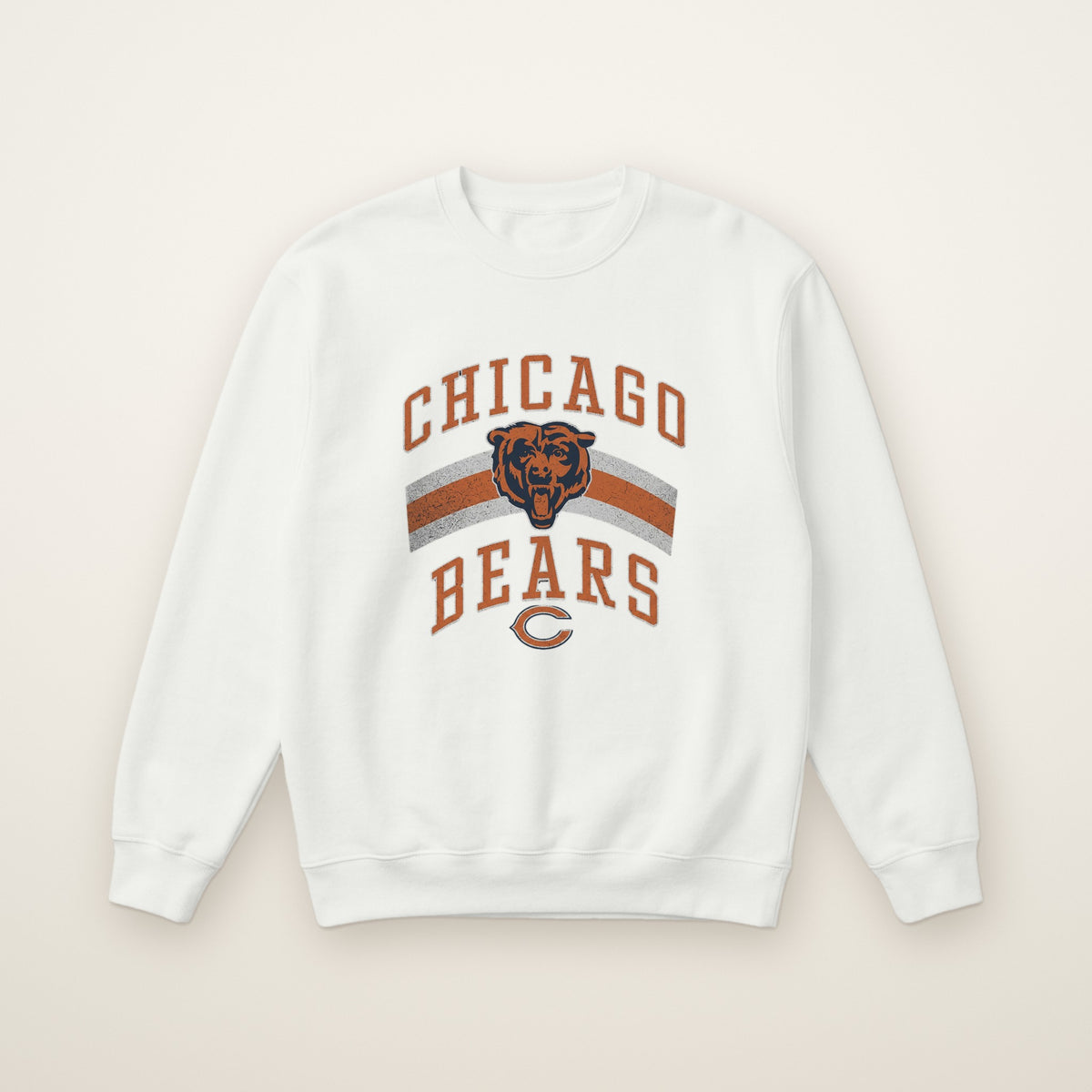 Chicago Bears Retro Crewneck in White, flat lay on ivory