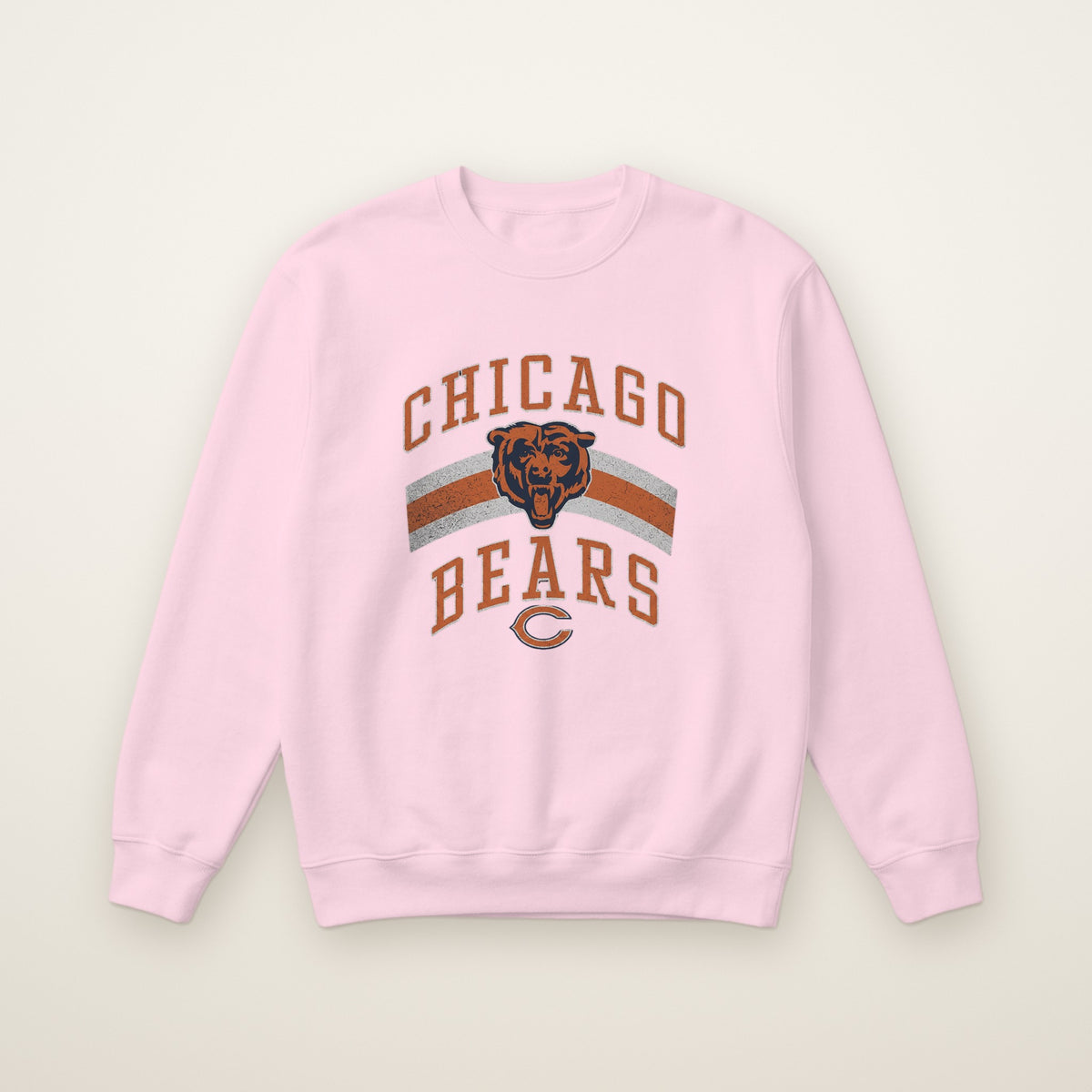 Chicago Bears Retro Crewneck in Light Pink, flat lay on ivory