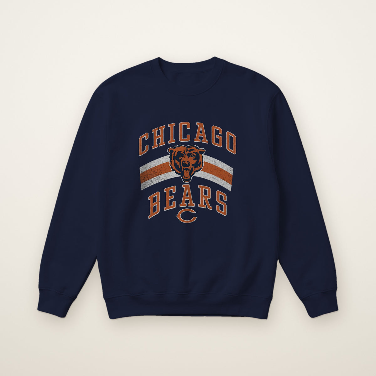 Chicago Bears Retro Crewneck in Navy, flat lay on ivory