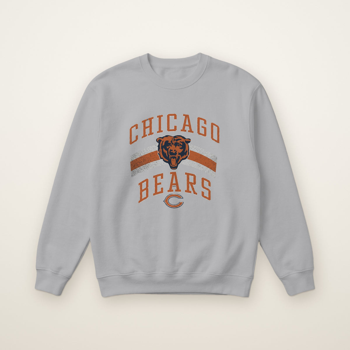 Chicago Bears Retro Crewneck in Sport Grey, flat lay on ivory