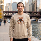 Chicago Bears Retro Crewneck Sweatshirt — sand crewneck on men's model, Chicago River