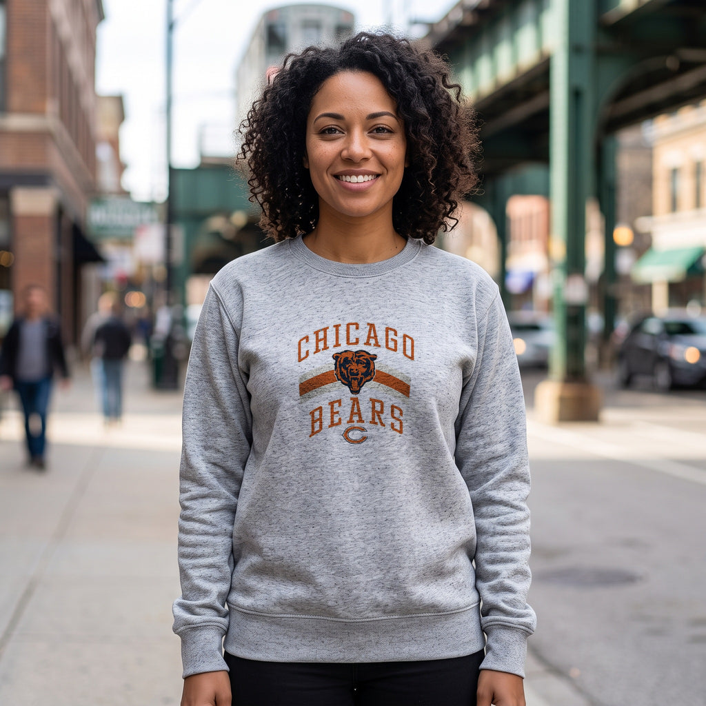 Chicago Bears Retro Crewneck Sweatshirt — sport grey crewneck on women's model