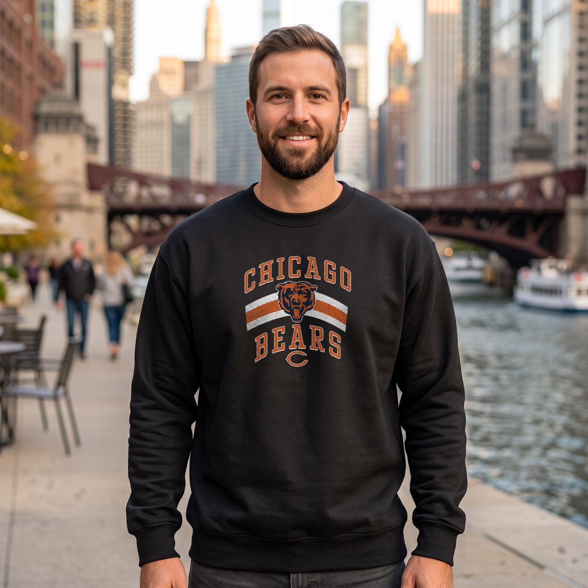 Chicago Bears Retro Crewneck Sweatshirt — black crewneck on men's model