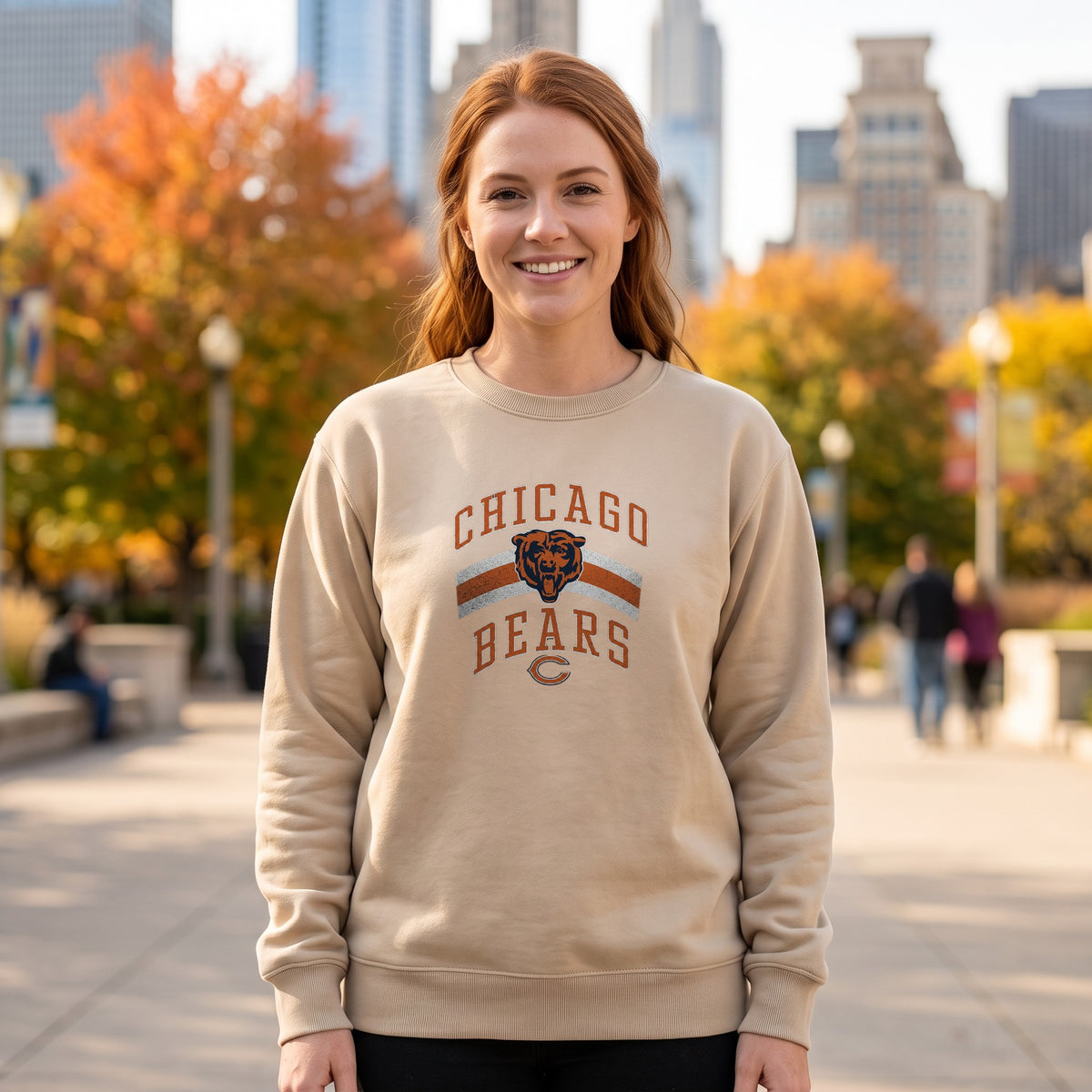 Chicago Bears Retro Crewneck Sweatshirt — sand crewneck on women's model, fall trees