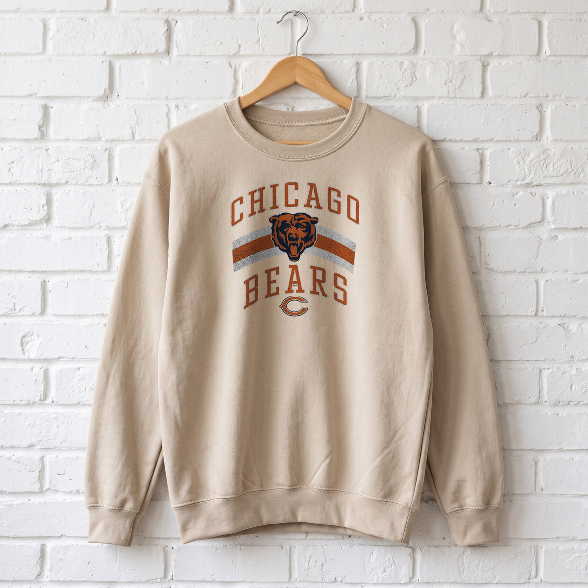 Chicago Bears Retro Crewneck Sweatshirt — sand crewneck on a wooden hanger