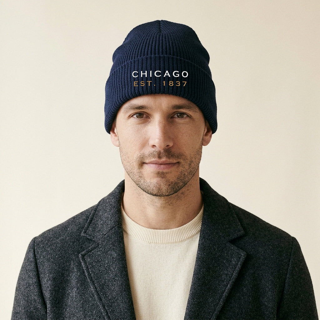 Model wearing the Chicago Est. 1837 Embroidered Cuffed Beanie in Navy