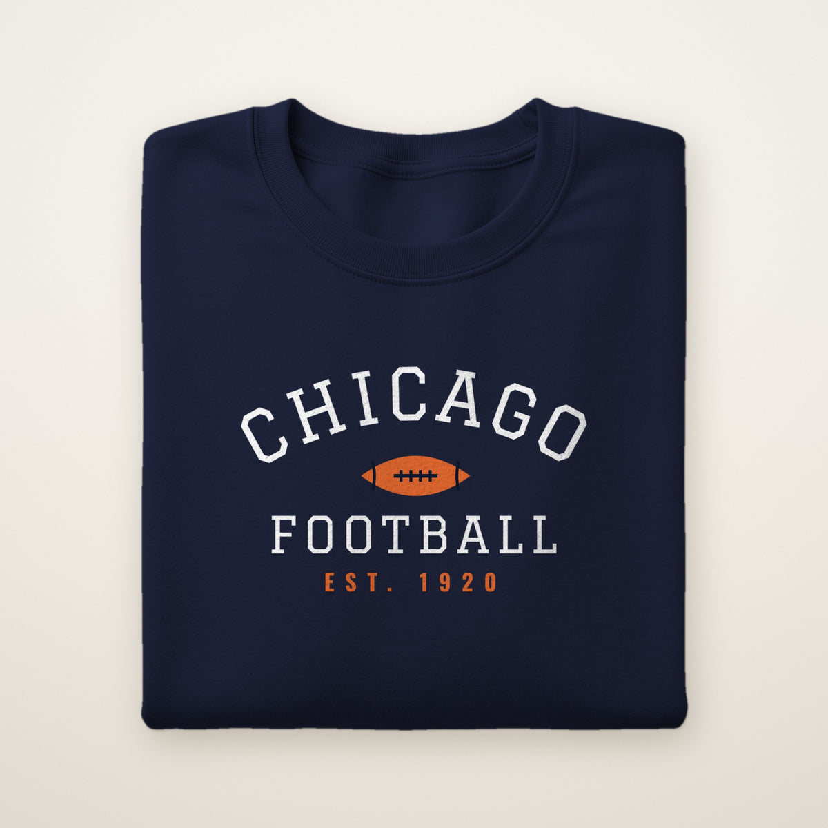 Chicago Football crewneck, Est. 1920, Navy, folded on ivory