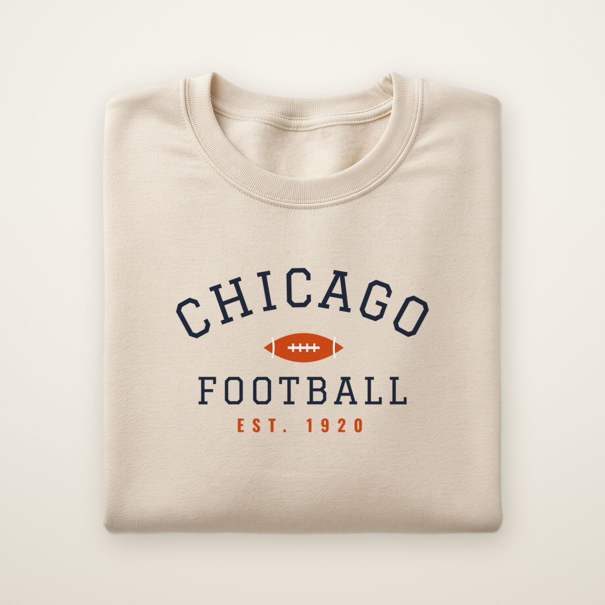 Chicago Football crewneck, Est. 1920, Sand, folded on ivory