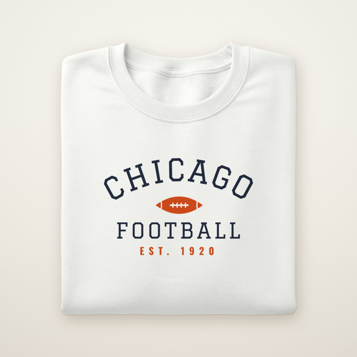 Chicago Football crewneck, Est. 1920, White, folded on ivory