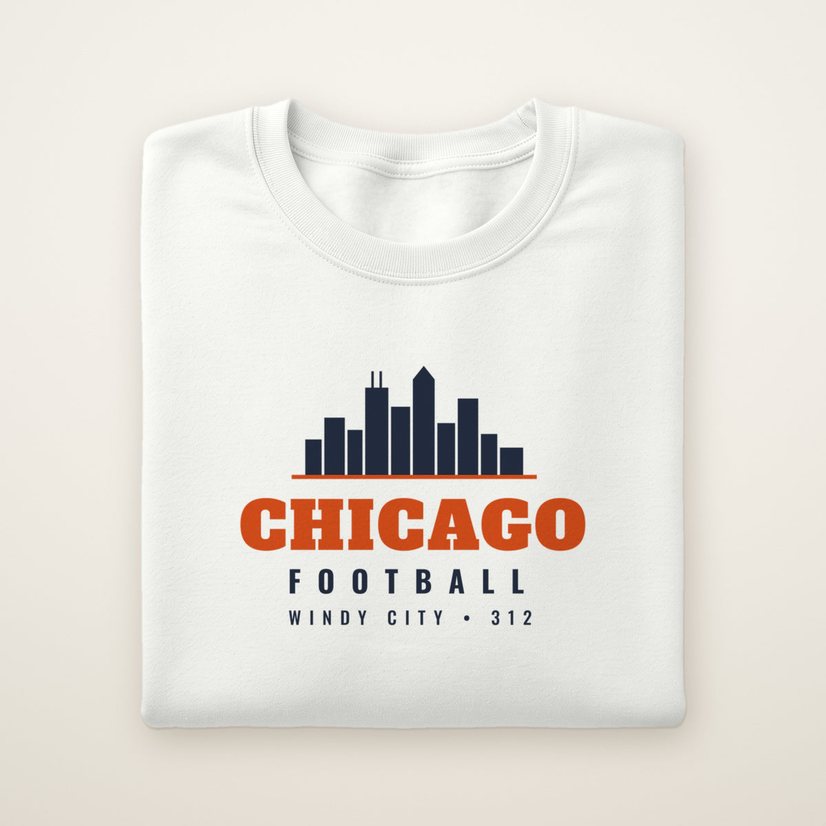 Chicago skyline football crewneck, Windy City 312, White, folded on ivory