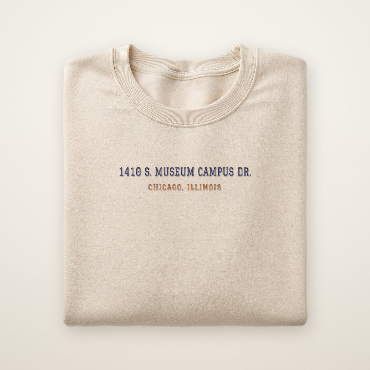 Chicago Football Embroidered Crewneck — 1410 S. Museum Campus Dr. in Sand, flat lay
