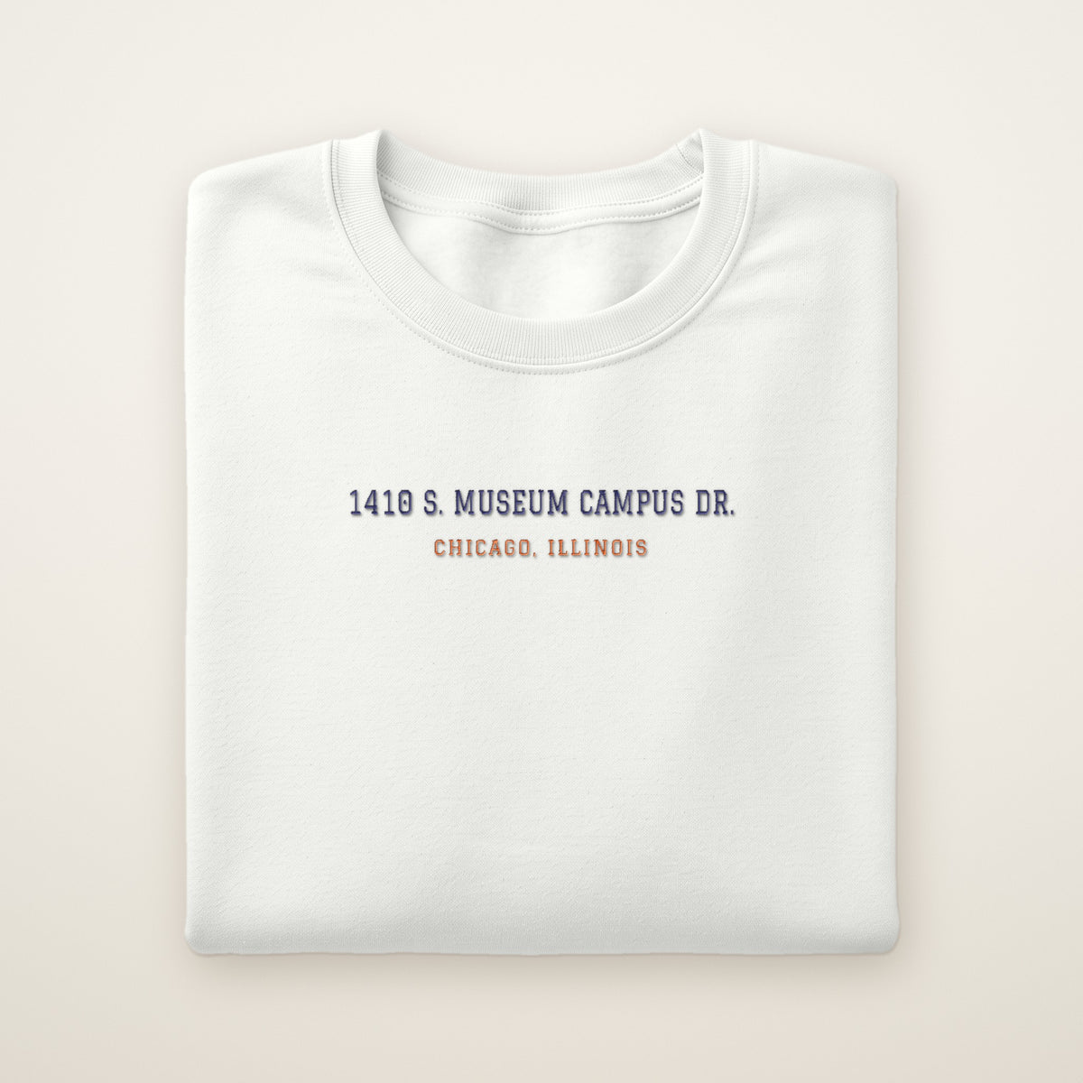 Chicago Football Embroidered Crewneck — 1410 S. Museum Campus Dr. in White, flat lay