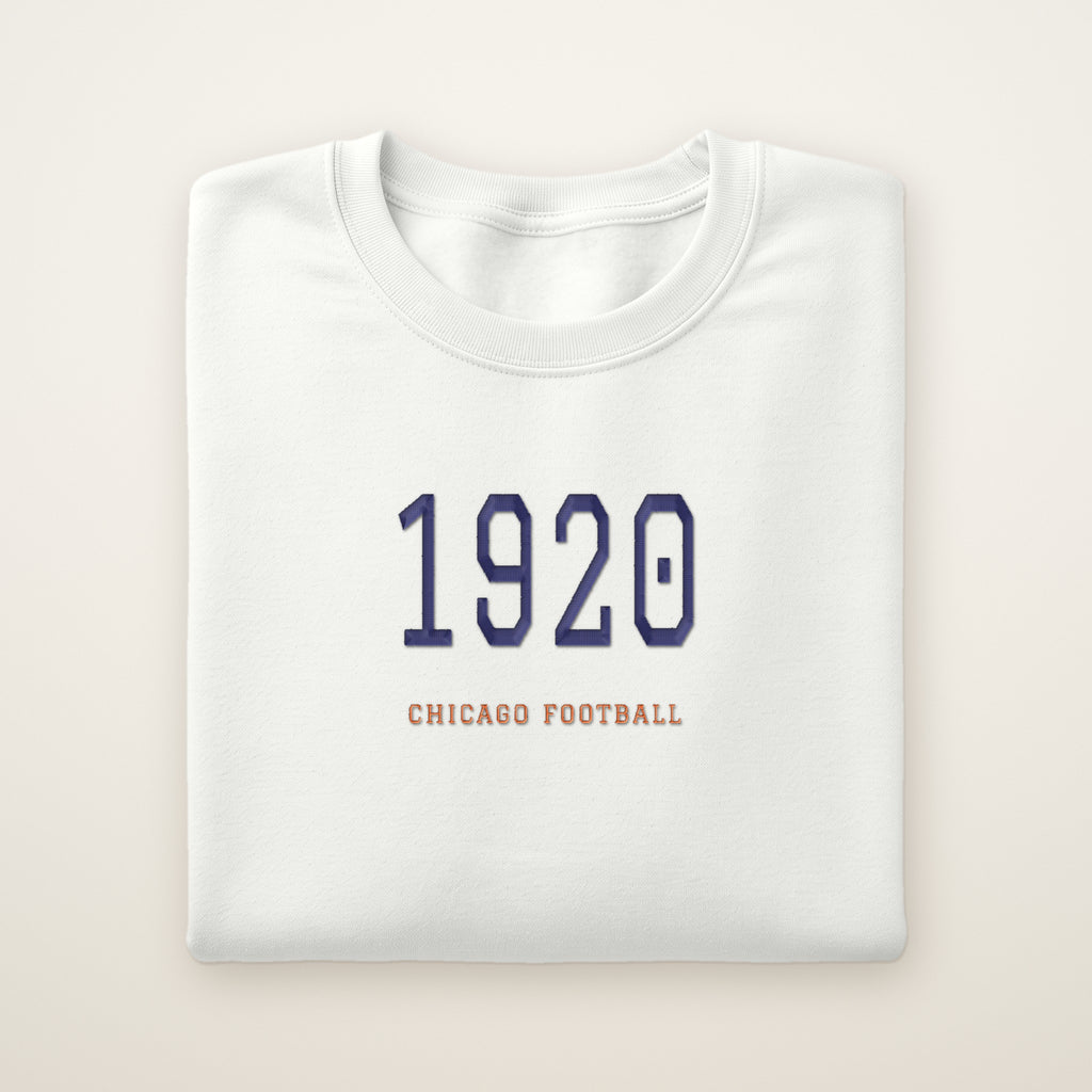 Chicago Football Embroidered Crewneck — 1920 in White, flat lay