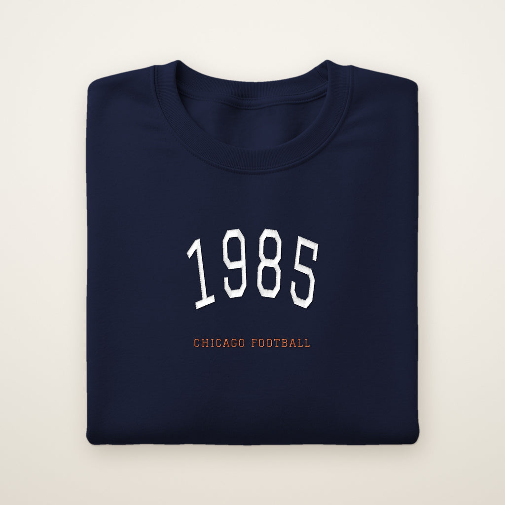 Chicago Football Embroidered Crewneck — 1985 in Navy, flat lay