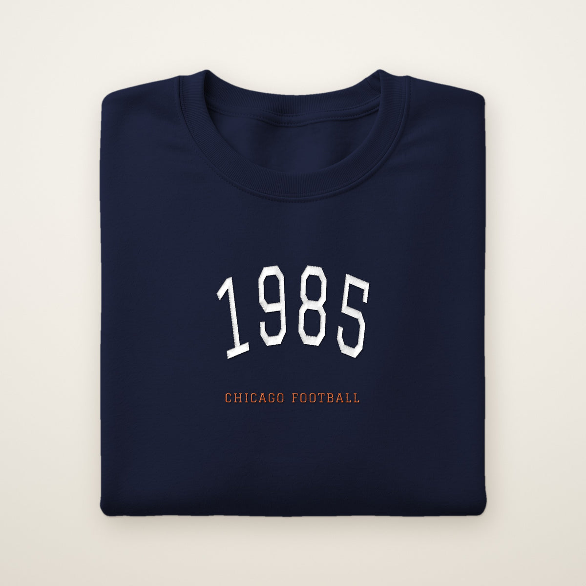 Chicago Football Embroidered Crewneck — 1985 in Navy, flat lay