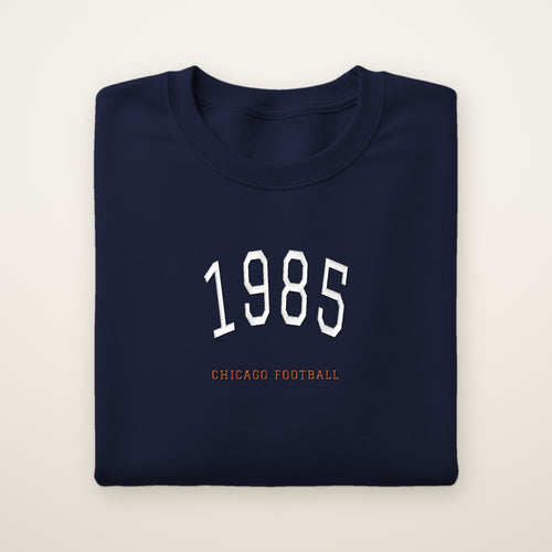 Chicago Football Embroidered Crewneck — 1985 in Navy, flat lay