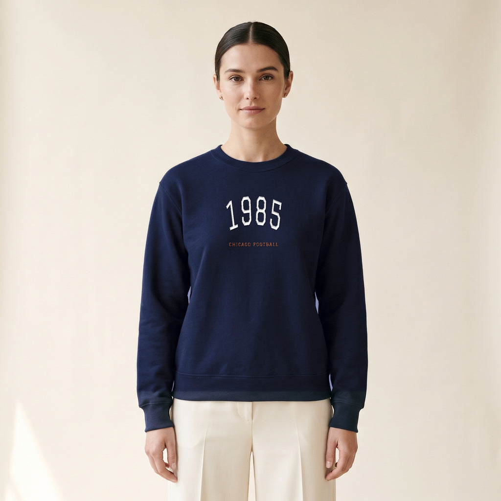 Model wearing the Chicago Football 1985 embroidered crewneck