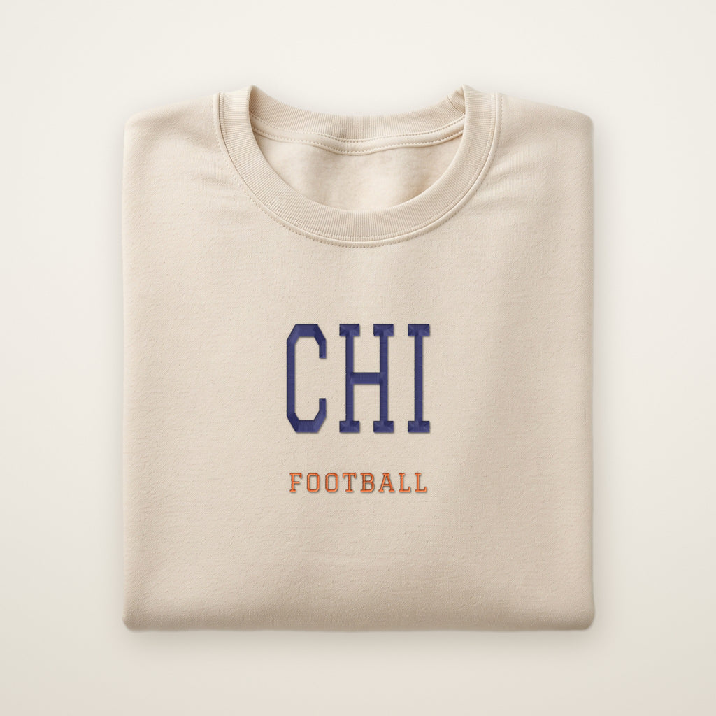 Chicago Football Embroidered Crewneck — CHI in Sand, flat lay