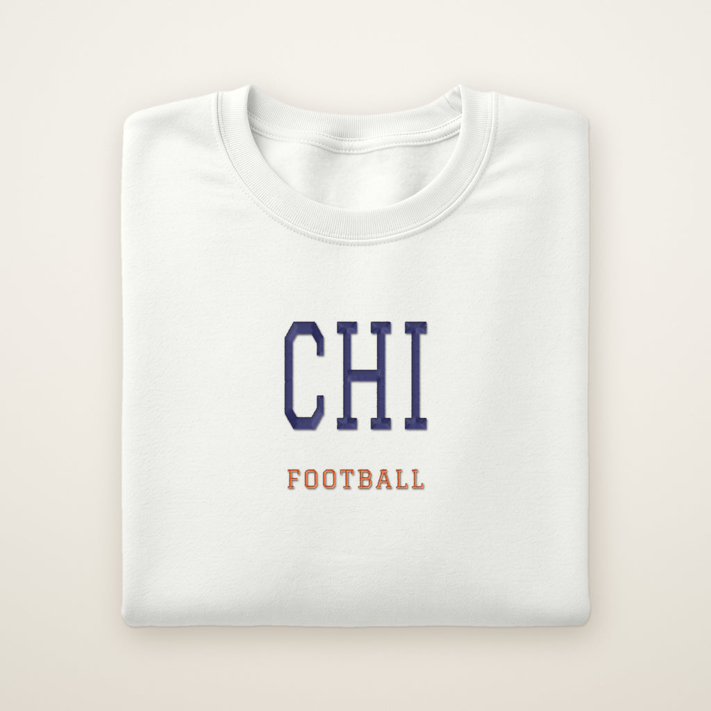 Chicago Football Embroidered Crewneck — CHI in White, flat lay