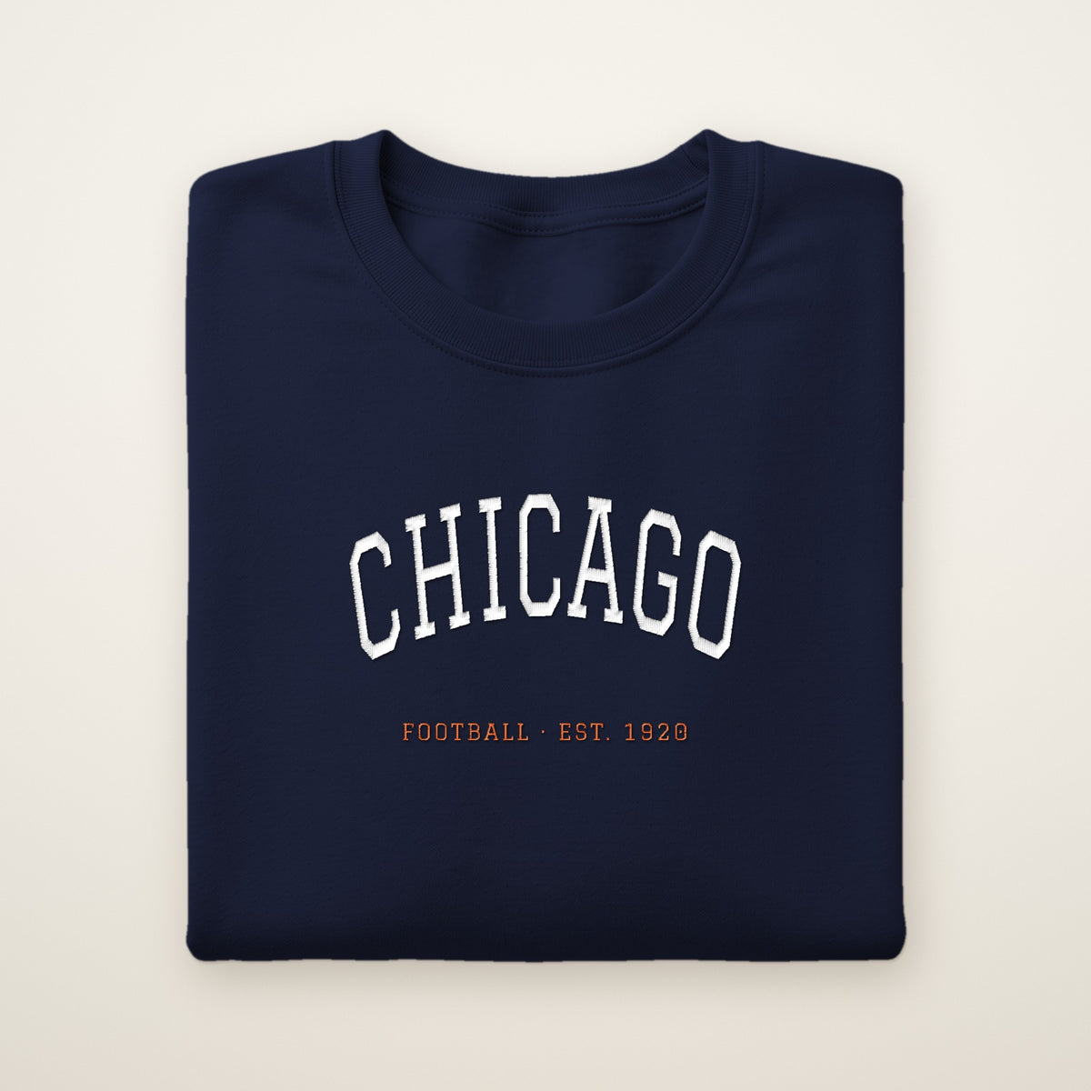 Chicago Football Embroidered Crewneck — Chicago Arch in Navy, flat lay
