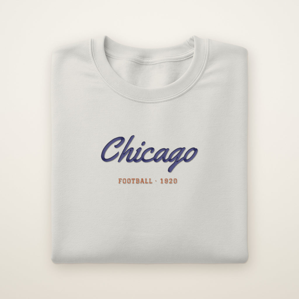 Chicago Football Embroidered Crewneck — Chicago Script in Ash, flat lay