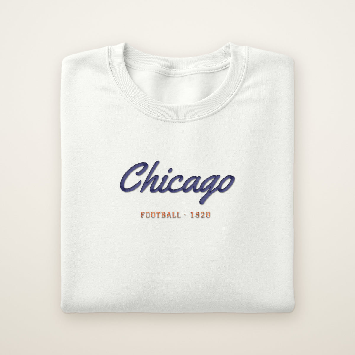 Chicago Football Embroidered Crewneck — Chicago Script in White, flat lay