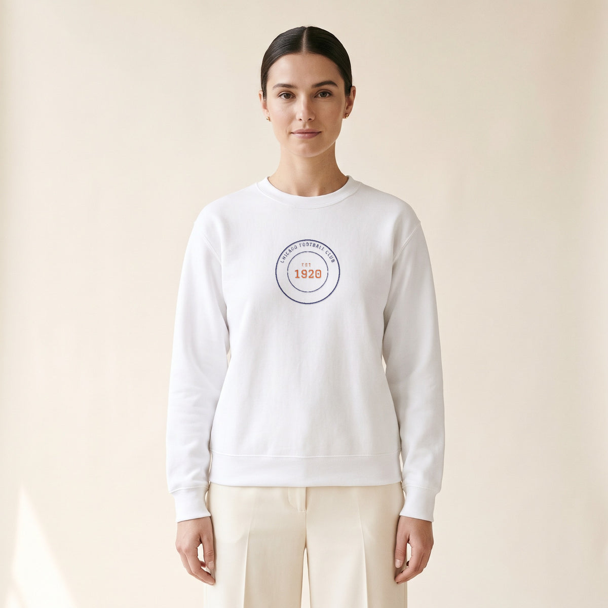 Model wearing the Chicago Football Club Crest embroidered crewneck