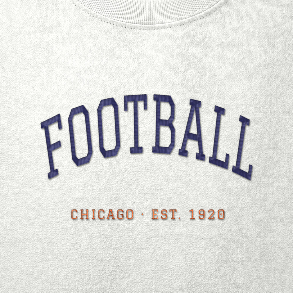 Close-up of the navy & orange satin-stitch Est. 1920 embroidery