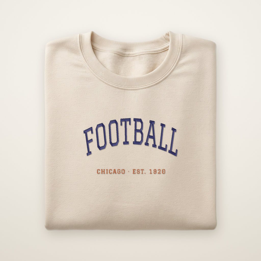 Chicago Football Embroidered Crewneck — Est. 1920 in Sand, flat lay