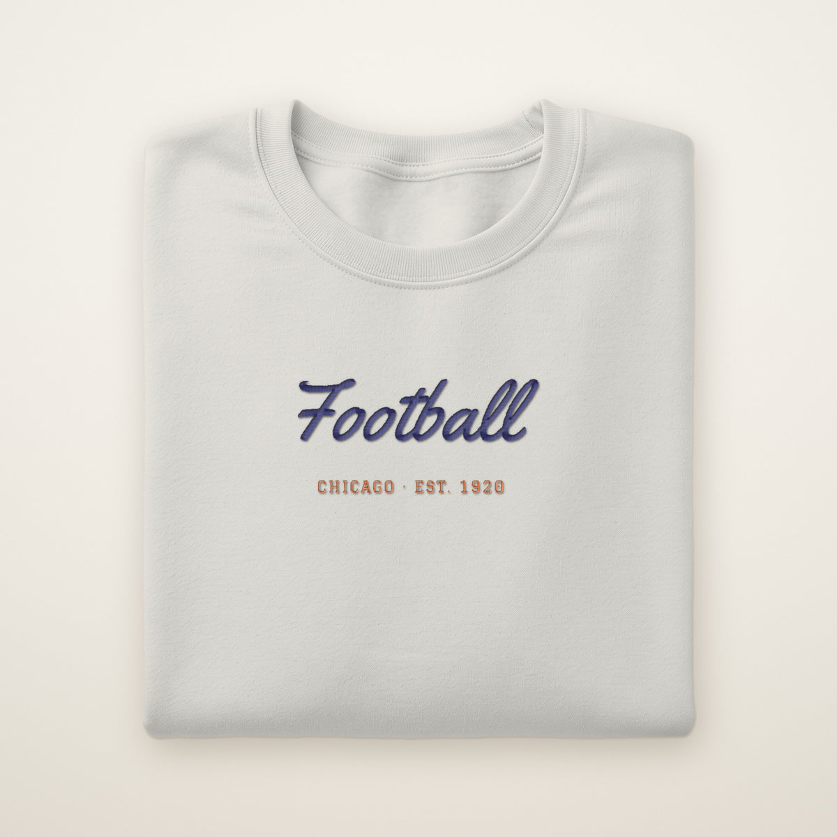 Chicago Football Embroidered Crewneck — Football Script in Ash, flat lay