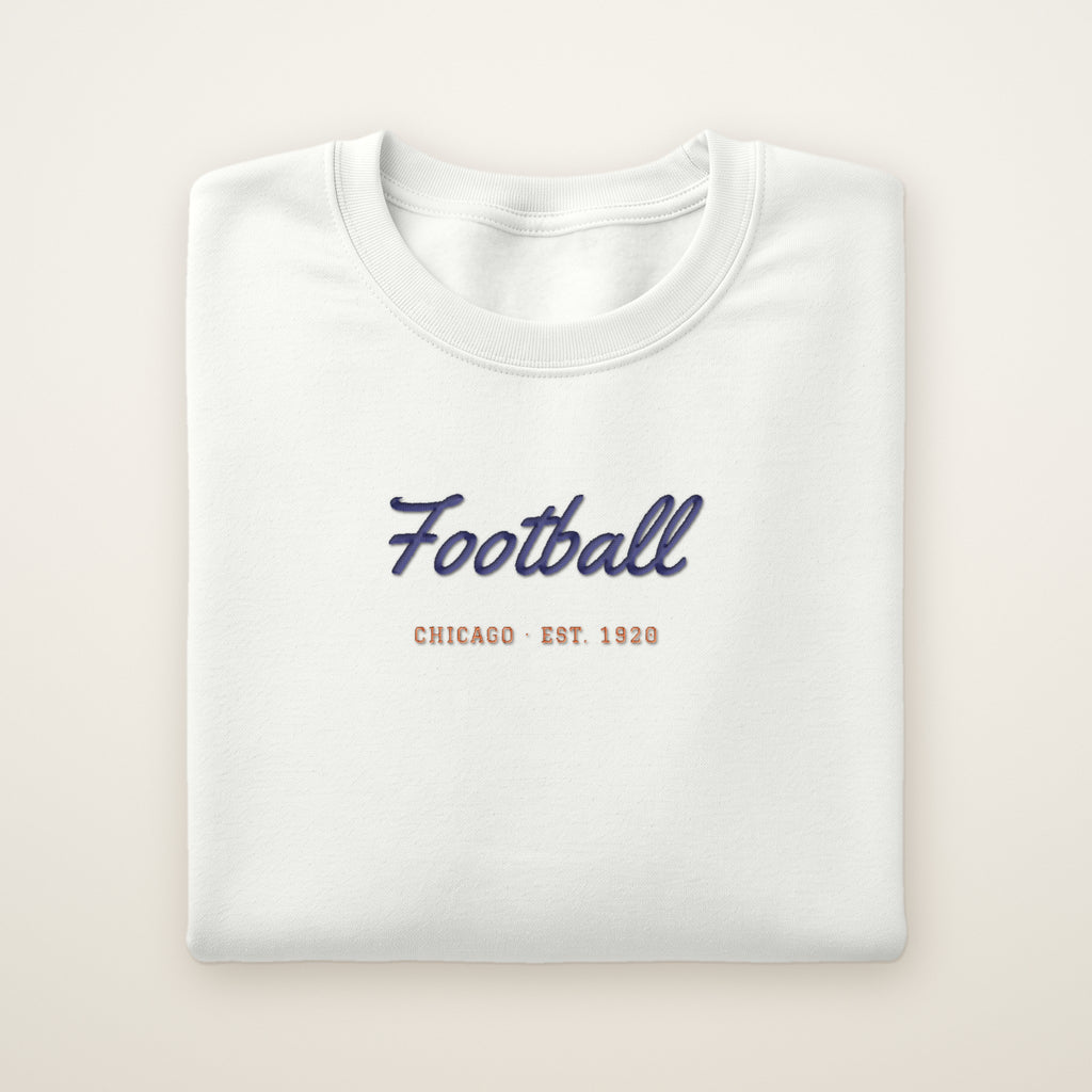 Chicago Football Embroidered Crewneck — Football Script in White, flat lay
