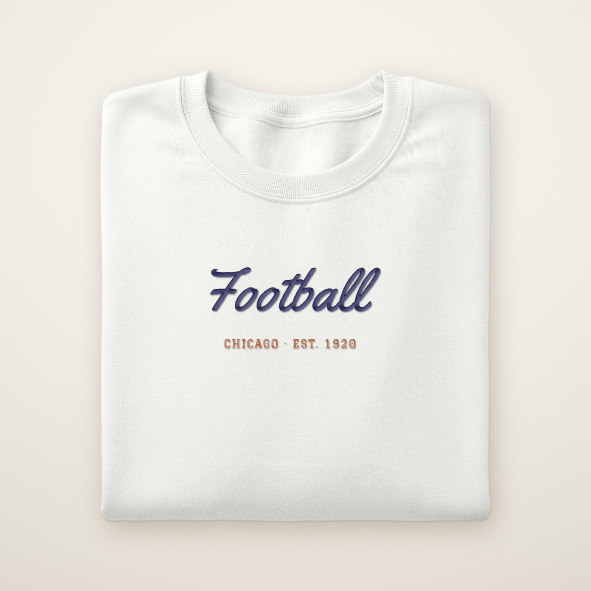 Chicago Football Embroidered Crewneck — Football Script in White, flat lay